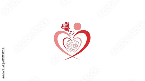 Stylized heart symbol with rose and abstract figures representing love and romance