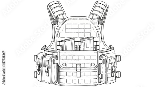Tactical ballistic vest outline drawing isolated on white background