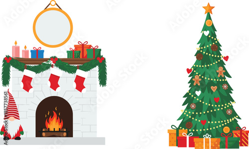 Christmas fireplace with festive stockings, burning fire and decorated Christmas tree with gifts vector illustration set