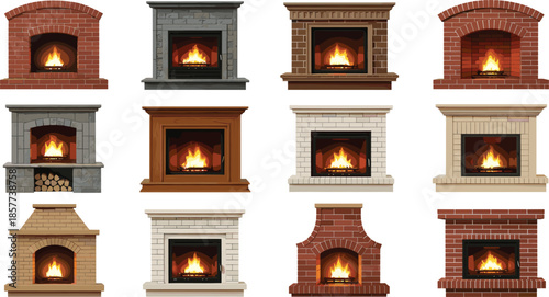 Collection of classic and modern fireplaces with burning fire, stone and brick designs, home heating vector illustration