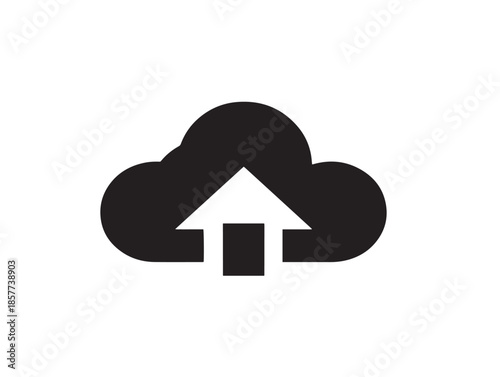 A simple black cloud upload icon silhouette on a gorgeous white background