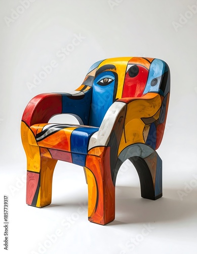 Illustration of colorful abstract chair with painted face on side, isolated on white background