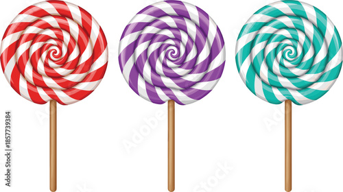 Colorful swirl lollipop candy set with red purple and turquoise flavors isolated vector illustration for sweets design