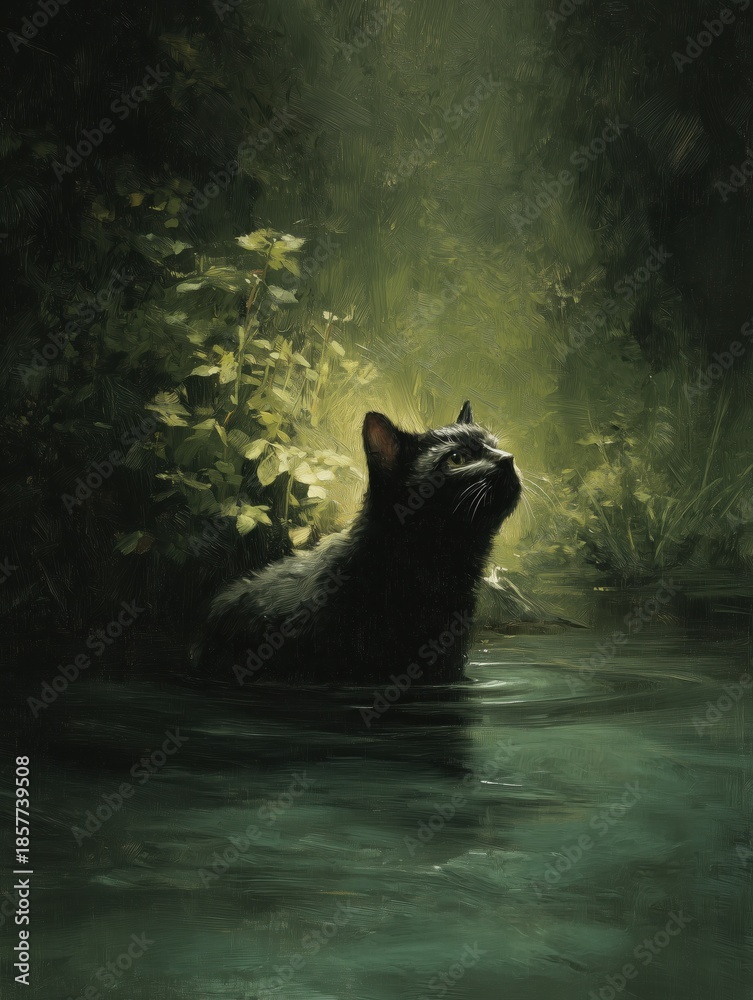 Obraz premium A digital painting of a black cat crouching in a tranquil green pond, surrounded by lush foliage. The soft light reflects off the water, creating a calm and peaceful atmosphere with a touch of mystery