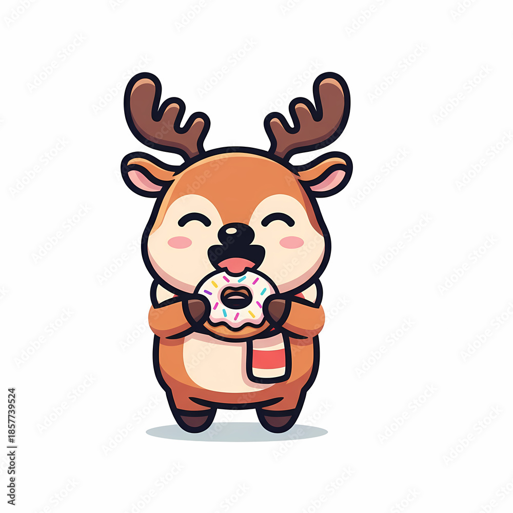 Fototapeta premium Cute Christmas Reindeer Mascot Eating Donut, Deer