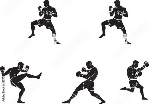 Five Black Silhouette Fighters in Action Positions