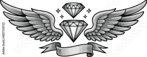 Stylized diamonds with elegant feathered wings and a flowing banner for symbolic Halftone effect design elements