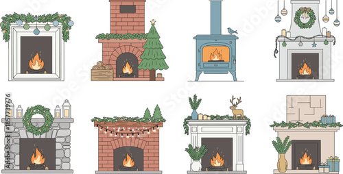 Cozy Christmas fireplace illustrations set with decorated mantels garlands candles stockings and warm winter holiday home interiors