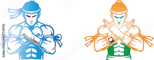 Two fighters with crossed arms in blue and orange outfits