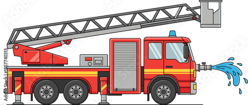 Firefighter ladder truck spraying water isolated on white background, emergency rescue vehicle illustration for safety and firefighting concepts