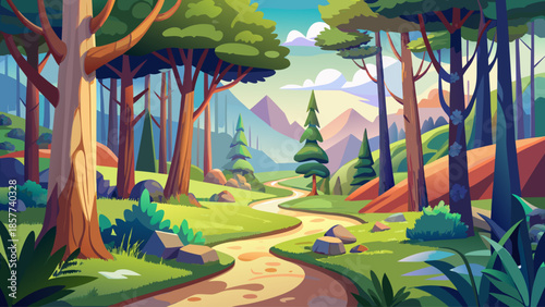 Forest landscape vector with winding path through trees, adventure nature concept, flat illustration