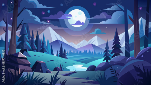 Night forest landscape vector with moonlight and stars, dark sky, minimalist flat illustration