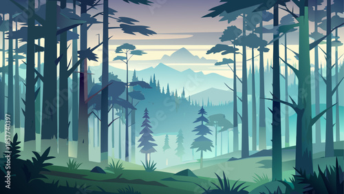 Foggy forest vector illustration with tall trees fading into mist, atmospheric flat design