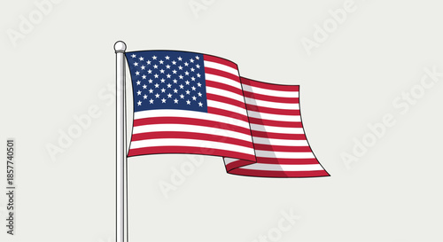 American flag waving proudly on a white flagpole against a neutral background representing patriotism and the United States of America.