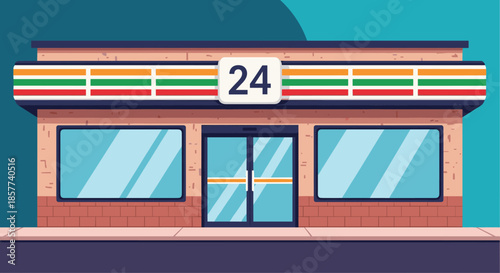 Exterior view of a typical 24-hour convenience store with large glass windows and bright red and green stripes on its facade.