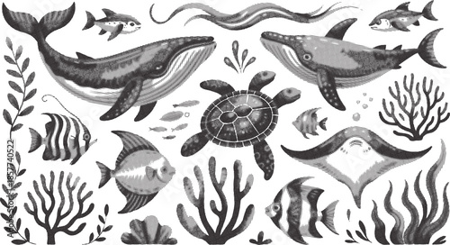 Collection of ocean creatures and marine plant life in a textured Halftone effect style illustration