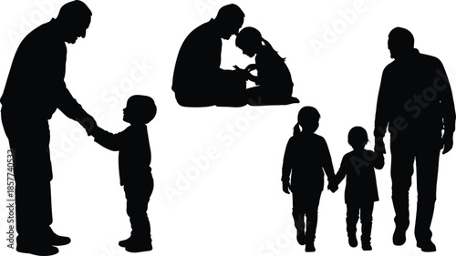 Silhouettes of adult and child interactions, black figures, handshake, storytelling, companionship gesture, walking guidance, white background, emotional connection illustration