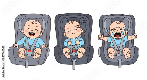 Young baby shows a range of common emotions including happy laughter, peaceful sleep, and crying while sitting in a car seat.