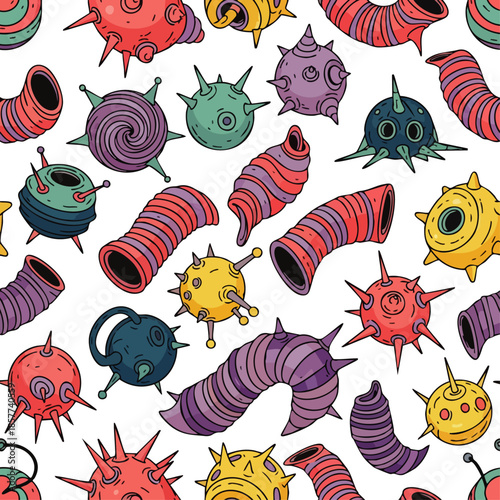 A vibrant, hand-drawn seamless pattern showcases whimsical cartoon microorganisms and abstract alien-like organic shapes, perfect for playful designs.