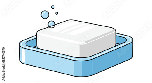 White rectangular bar of soap rests in a light blue soap dish with translucent soap bubbles floating above it in the air.