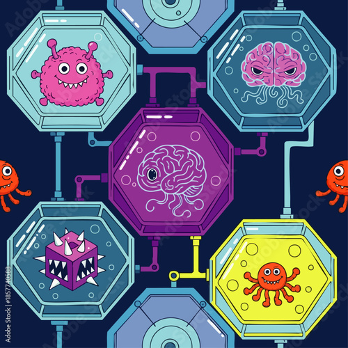 A vibrant, cartoon seamless pattern depicts whimsical brains and colorful organisms isolated within interconnected hexagonal scientific pods, ideal for playful biology.