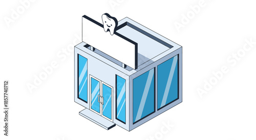 Isometric illustration of a modern dental clinic building featuring a large tooth shaped sign on top and glass windows.