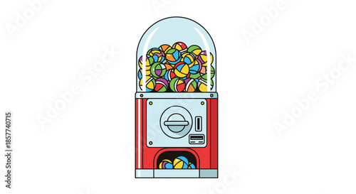 Classic red gumball machine filled with vibrant multi colored toy capsules or candies against a clean white background.