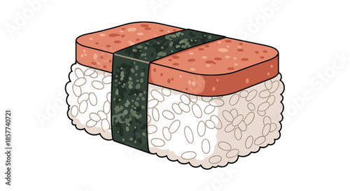 Traditional spam musubi consisting of a slice of grilled luncheon meat on top of rice block wrapped with seaweed strip.