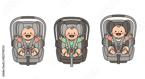 Illustration of three happy babies of different ethnicities sitting safely in their infant car seats with harnesses.