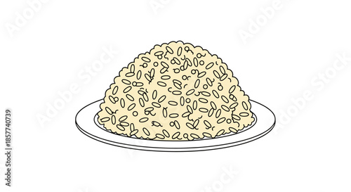 Simple plate of white rice grains cooked and piled high on a ceramic dish suitable for a staple side dish meal.