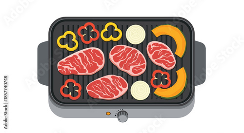 Top down view of steak pieces, bell peppers, onions, and pumpkin slices cooking on an electric indoor griddle plate.