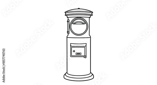 Classic black and white line drawing of a traditional pillar style post box used for mail collection in many countries.