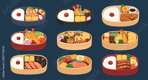 Large set of various traditional japanese bento boxes containing rice, tempura, meat, and vegetables for healthy meals.