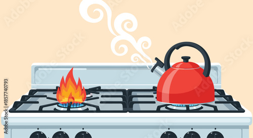 Vibrant red kettle boiling water on a gas stove with steam rising from its spout and a blue flame from the burner.