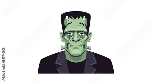 Portrait of iconic frankenstein monster character with green skin scars and neck bolts for halloween or horror themes.
