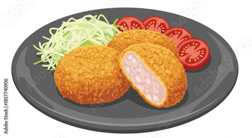 Three crispy breaded minced meat cutlets served with shredded cabbage and sliced tomatoes on dark plate as japanese meal.