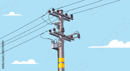 Electric utility pole with wires and transformer against blue sky with clouds representing infrastructure and power.
