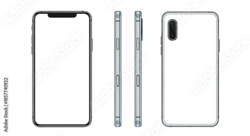 Multiple views of modern smartphone including front screen side profiles and back camera setup in clean illustration.
