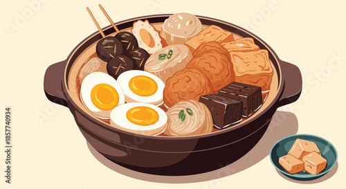 Traditional japanese oden stew in ceramic pot featuring eggs daikon radish fish cakes and konjac for winter comfort.