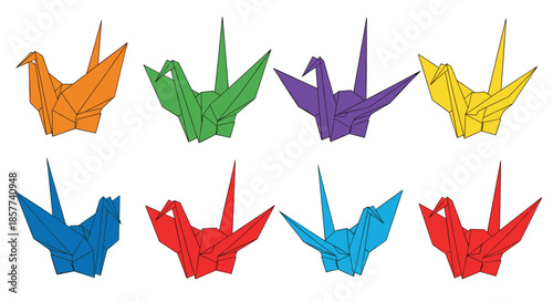 Multiple colorful origami paper cranes in various bright shades arranged in rows representing peace and craftsmanship.
