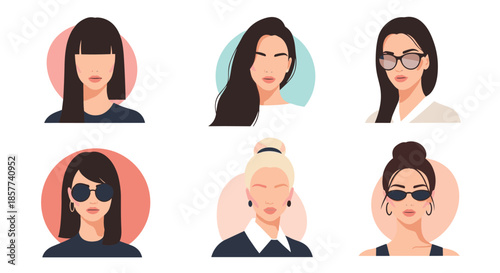 Diverse set of female portraits showcasing different hairstyles sunglasses and accessories in modern graphic design.