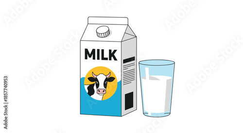 Fresh milk carton featuring cow illustration next to full glass of white milk representing healthy dairy nutrition.