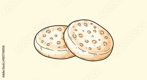 Two round toasted english muffins with signature holes shown in simple illustration on light yellow background.