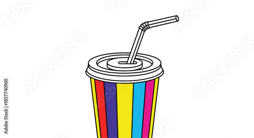 Large colorful striped soda cup with plastic lid and straw for refreshing cold drinks at movies or fast food outlets.