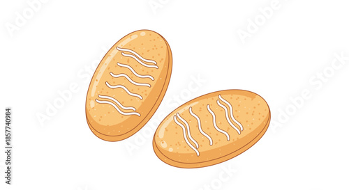 Two oval shaped japanese senbei rice crackers with icing drizzle on light background representing traditional snacks.