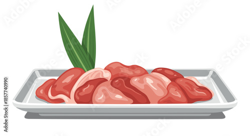 Raw meat slices arranged on a white rectangular plate decorated with green bamboo leaves, ready for grilling or cooking.