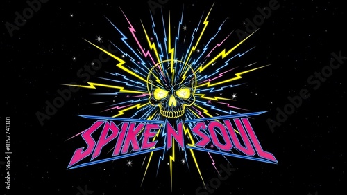 Electric skull graphic design with neon colors and lightning effects