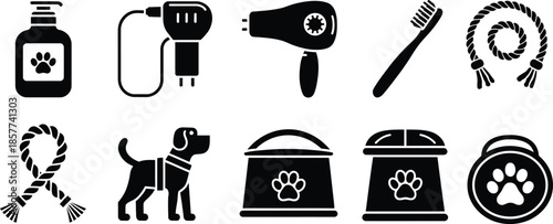 Dog Grooming and Pet Care Silhouette Icon Set, Vector illustration