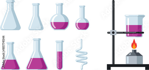 Laboratory glassware chemistry experiment set with flasks beakers test tubes burner and scientific research equipment