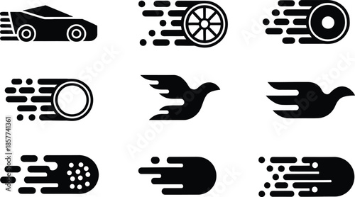 Speed and Motion Logo Icon Set, Fast Car, Flying Bird, Wheel, and Comet Vector Silhouettes with Motion Lines
